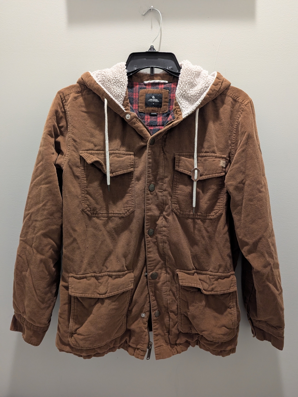 Rip Curl Men's Hooded Corduroy Jacket Sherpa Plaid Lined Brown Cargo Coat